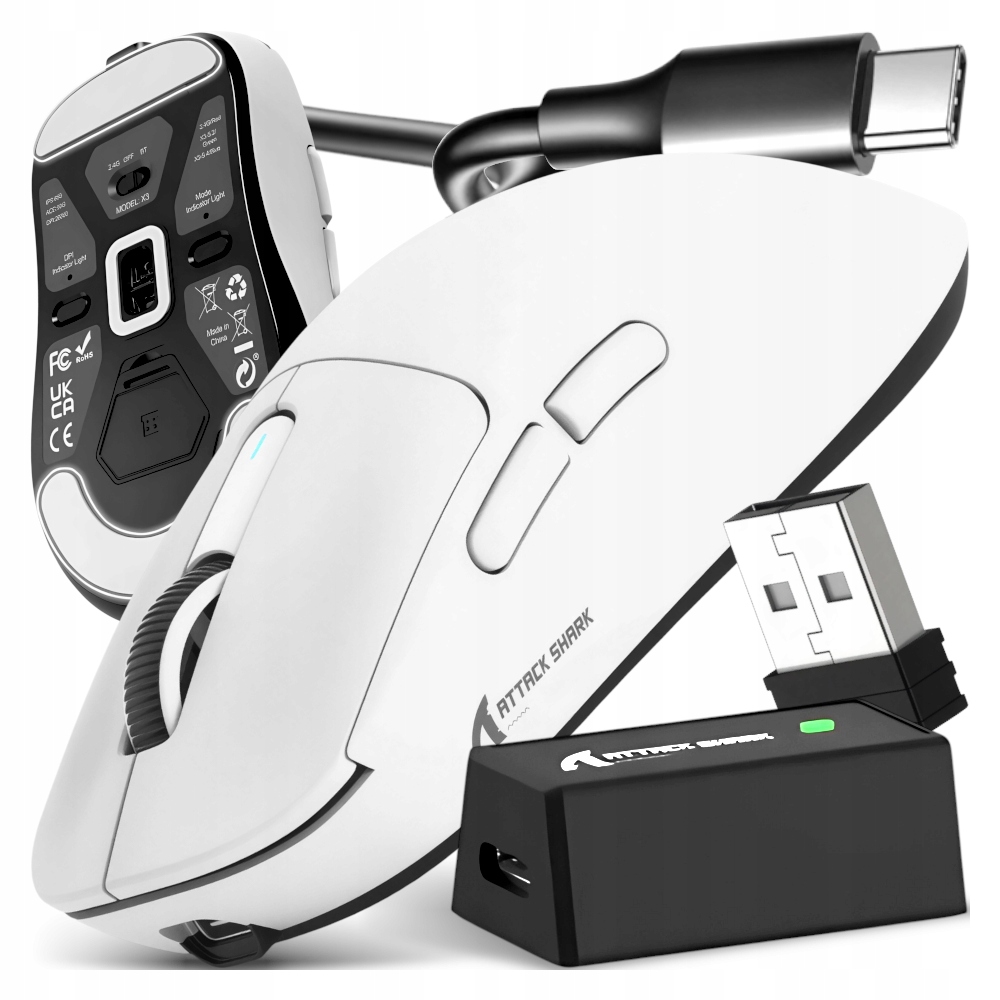 Biała ultralekka mysz bezprzewodowa Attack Shark X3 PRO z odbiornikiem 4K.